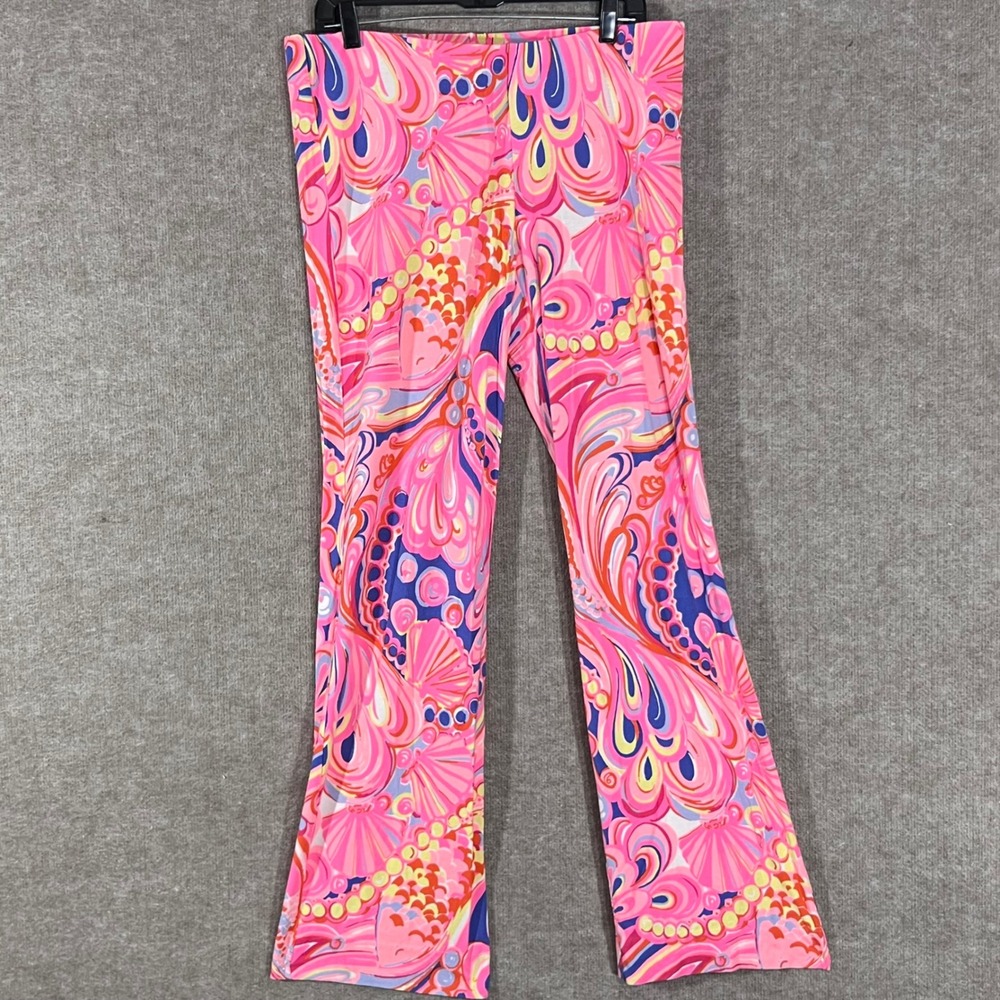 Lilly Pulitzer Reef Retreat Casual Flare Pants L Pink Blue Shell Print Stretch - Picture 2 of 10